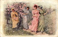 Four Young Women in Spring Attire Gathering Flowers Postcard
