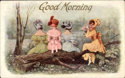 Four Ladies in Colorful Dress Sit on Dead Tree Postcard