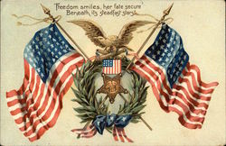 "Freedom smiles, her fate secure Beneath its steadfast stars" Postcard