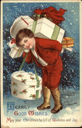 Hearty Good Wishes - Boy Carrying Gifts Postcard