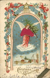 Angel over Town with Christmas Tree Postcard