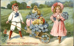 Children with Wheelbarrow full of Flowers, Egg and Chicks With Children Postcard Postcard