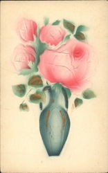 Pink Roses in Blue Vase Flowers Postcard Postcard