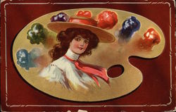 Girl with Straw Hat with Red Bow on Artist's Palette Postcard