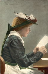 Woman Reading Letter at Table Woman Reading Letter at Table