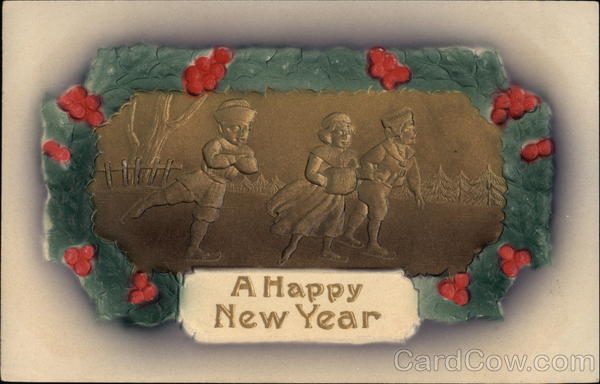 Three Children Skate on an Ice Pond