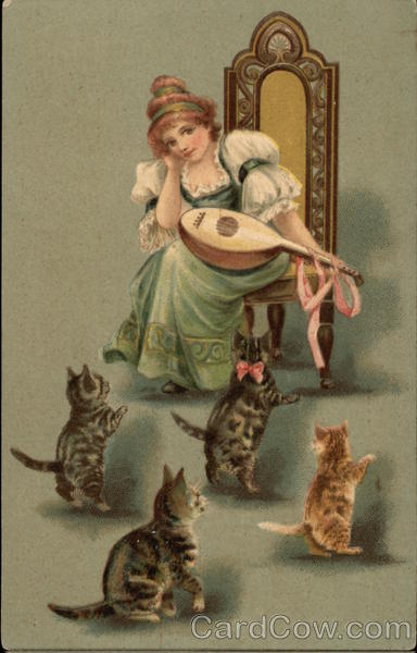 Woman with Instrument and Four Cats