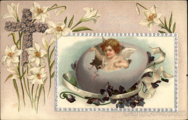 Easter Greetings with Cross, Flowers, Cherub, & Egg