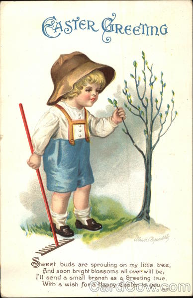 Little Boy with Rake Checks Buds on a Tree Ellen Clapsaddle