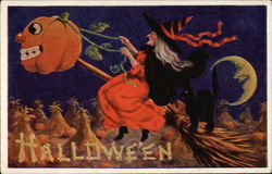 Witch and Black Cat Flying on a Broom Postcard