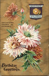 November Birthday Greetings with Topas & Chrysanthemum Postcard