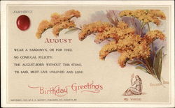 August Birthday Greetings, with Sardonyx, Virgo Sign, and Goldenrod Postcard
