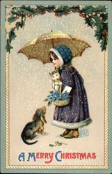 A Merry Christmas with Girl, Dog, and Kitten Postcard