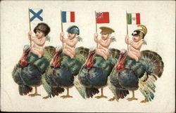 Four Babies Holding WWI Allied Flags Riding Turkeys Postcard