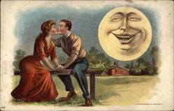 Man and Woman Kissing Next to Giant Full Moon Couples Postcard Postcard