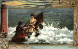 Two Women in Row Boat in Surf Postcard