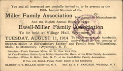 Miller Family and Ewell-Miller Family Reunion Invitation, 1914 Northampton, MA Postcard Postcard