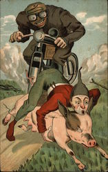Motorcycle Runs Elf and Pig Off Road Postcard