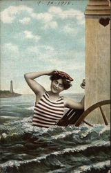 Woman in Bathing Costume in Water Postcard
