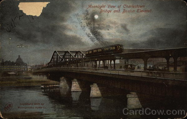 Moonlight View of Charlestown Bridge and Boston Elevated Massachusetts