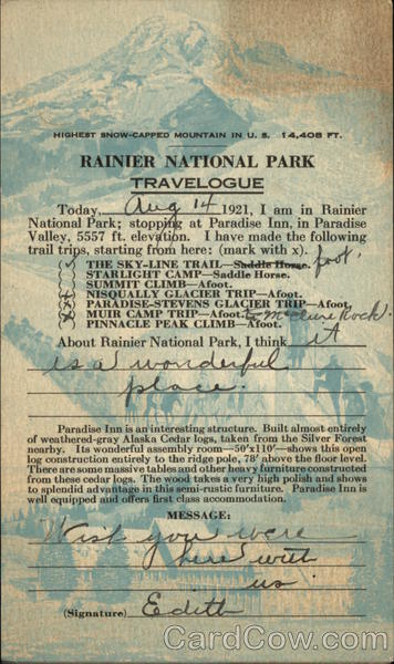 Rainier National Park Travelogue 1921 Mount Rainier National Park