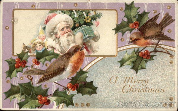 A Merry Christmas with Santa, Holly, & Birds Santa Claus