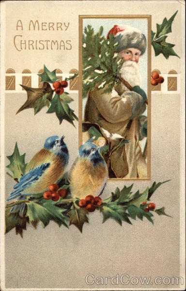 A Merry Christmas, With Santa, Bluebirds, and Holly