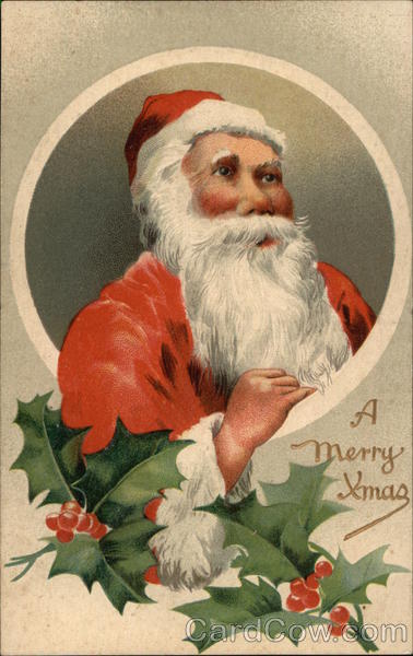 A Merry Xmas, with Santa and Holly Sprigs Santa Claus