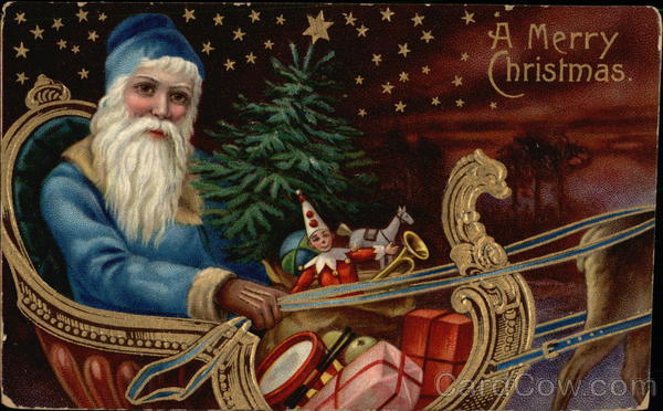 Blue Robed Santa in Sled with Toys Santa Claus
