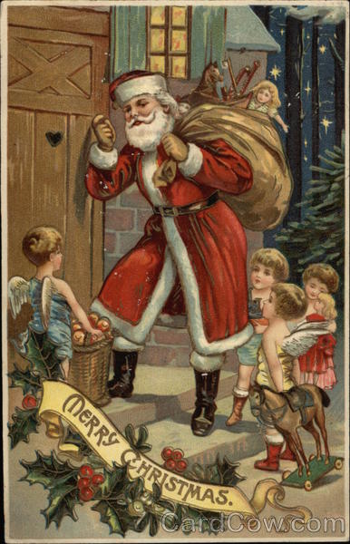 Merry Christmas with Santa, Children, and Angels Santa Claus