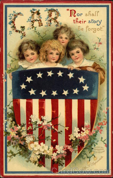 Girls Holding US Flag Shield Ellen Clapsaddle Memorial Day