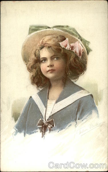 Little Cirl With Bows, Straw Hat and Sailor Shirt Children