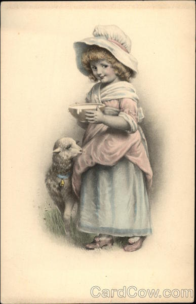 Young Girl Bringing Milk to Lamb Girls