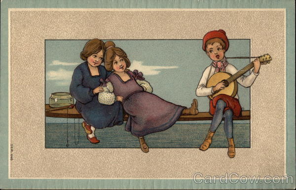 Boy Serenading a Pair of Girls on Dock Romance & Love