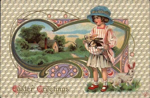 Girl with blue hat and three Easter bunnies With Bunnies