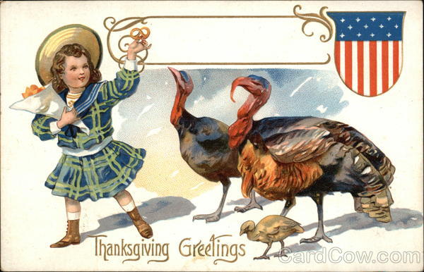 Thanksgiving Greetings with Turkeys and Child