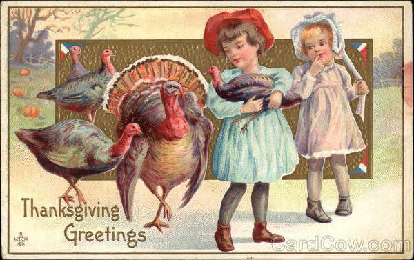 Thanksgiving Greetings with Turkeys and Children