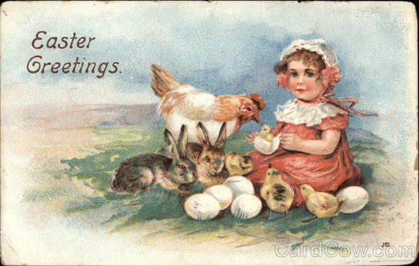 Easter Greetings with Bunnies, Chicks, & Child