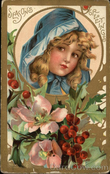 Season's Greetings with Holly & Young Girl Children