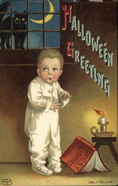 Halloween Greetings with Black Cat & Child