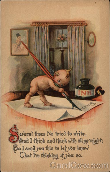 Thinking of You with Cherub Writing Note Fantasy