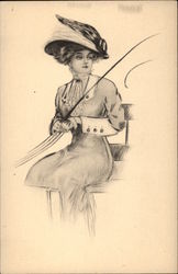 Drawing of Woman Holding Reins and Whip in Buggy Postcard