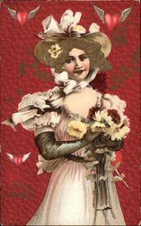 Woman with Flowers and Flying Hearts Postcard Postcard