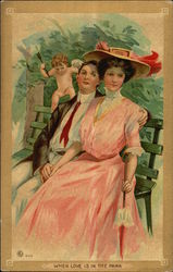 Couple on Park Bench with Cupid Over Shoulder Postcard