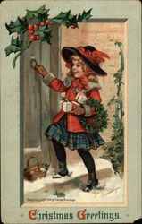 Christmas Greetings with Young Girl & Holly Postcard