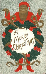 A Merry Christmas with Santa and Wreath Santa Claus Postcard Postcard