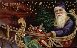 Purple Robed Santa in Sled with Toys Postcard
