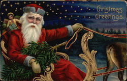 Christmas Greetings with Santa and Sleigh Postcard