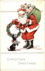 Christmas Greetings with Santa, Wreath, Dog, & Toys Postcard