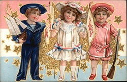 4th of July with Flags, Stars, & Children Postcard